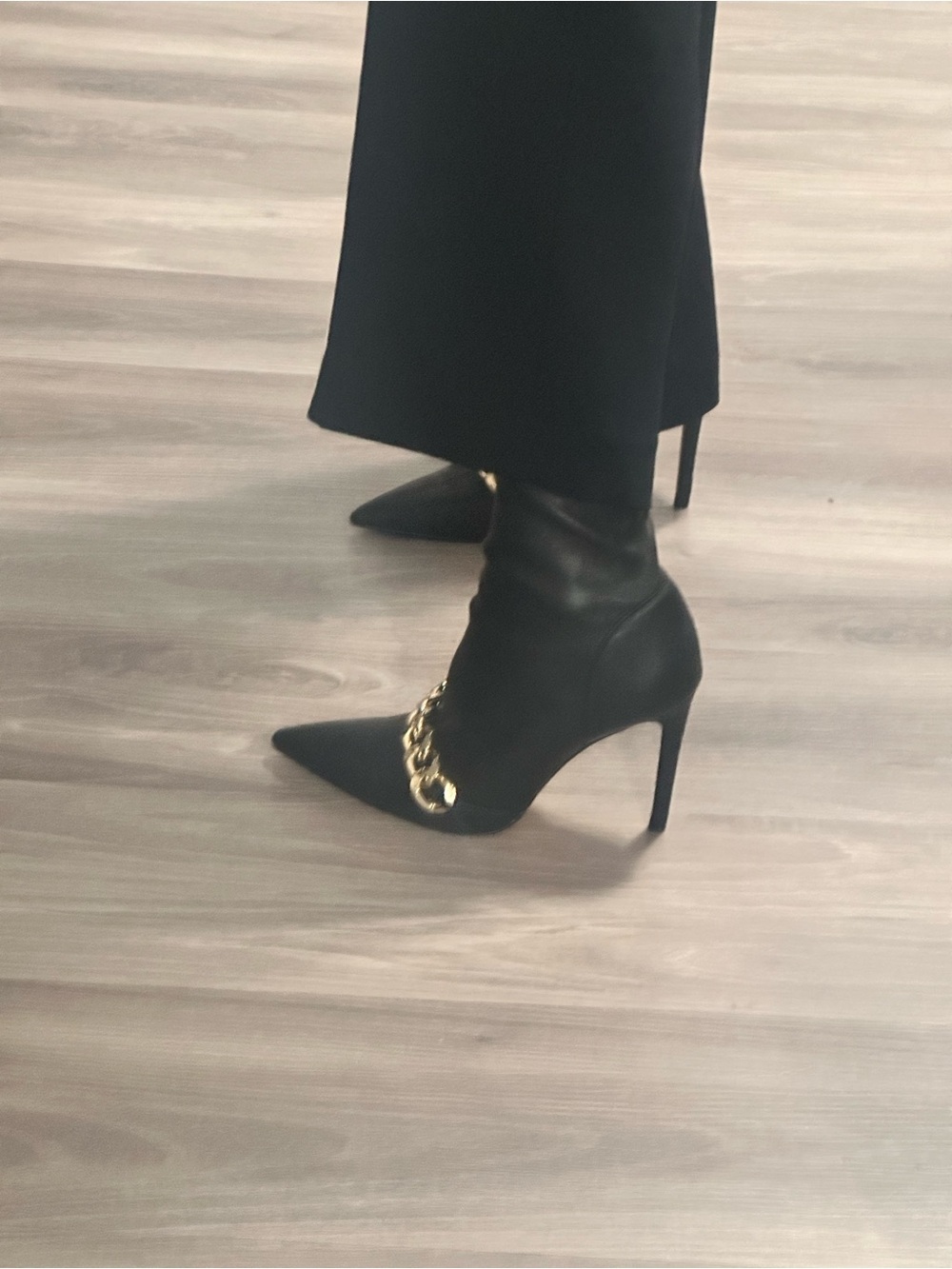 Zara Black Pointed Stiletto Ankle Boots with Gold Chain Accent